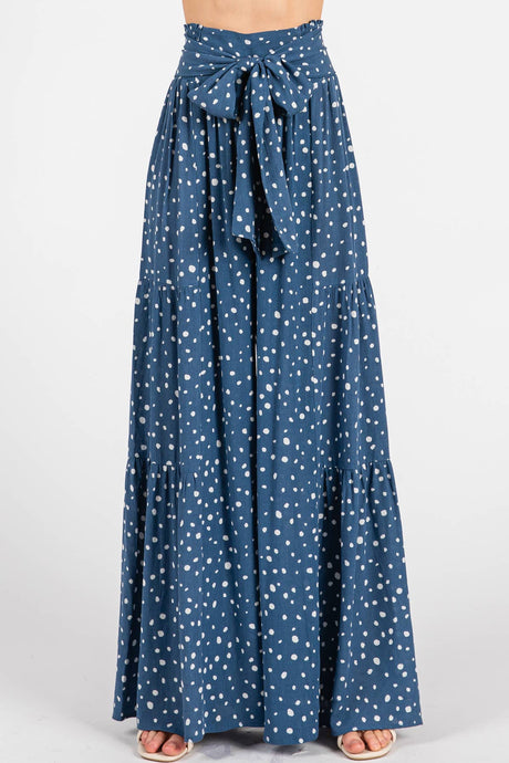 Denim Off White Woven Dot Waist Bow Tie Pants