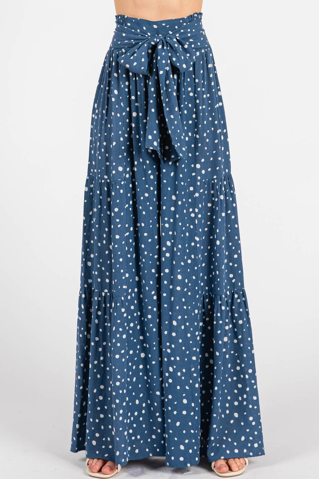 Denim Off White Woven Dot Waist Bow Tie Pants