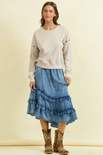 Denim Asym Ruffle Midi Skirt