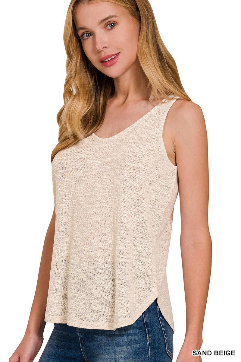 Sand Beige Sleeveless Double Scoop Neck Tank Top