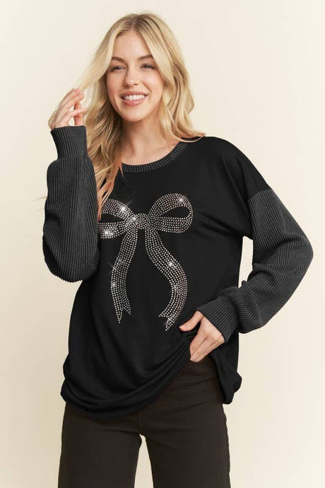 Black Plus Long Sleeve Ribbon Rhinestone Solid Top