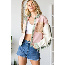 Washed Colorblock Button Down Fringe Twill Oli&Hali Jacket: Pink Combo