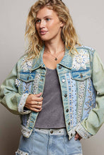 Cropped Pearl Studs Floral Patch Trim Denim Jacket: DENIM / M