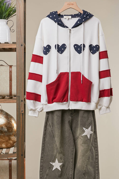 Off White Casual Zip Up Mello Jacket Stars & Stripes US Flag