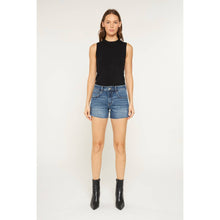 Dark Mist Blue Mid Rise Frayed Hem Mica Shorts