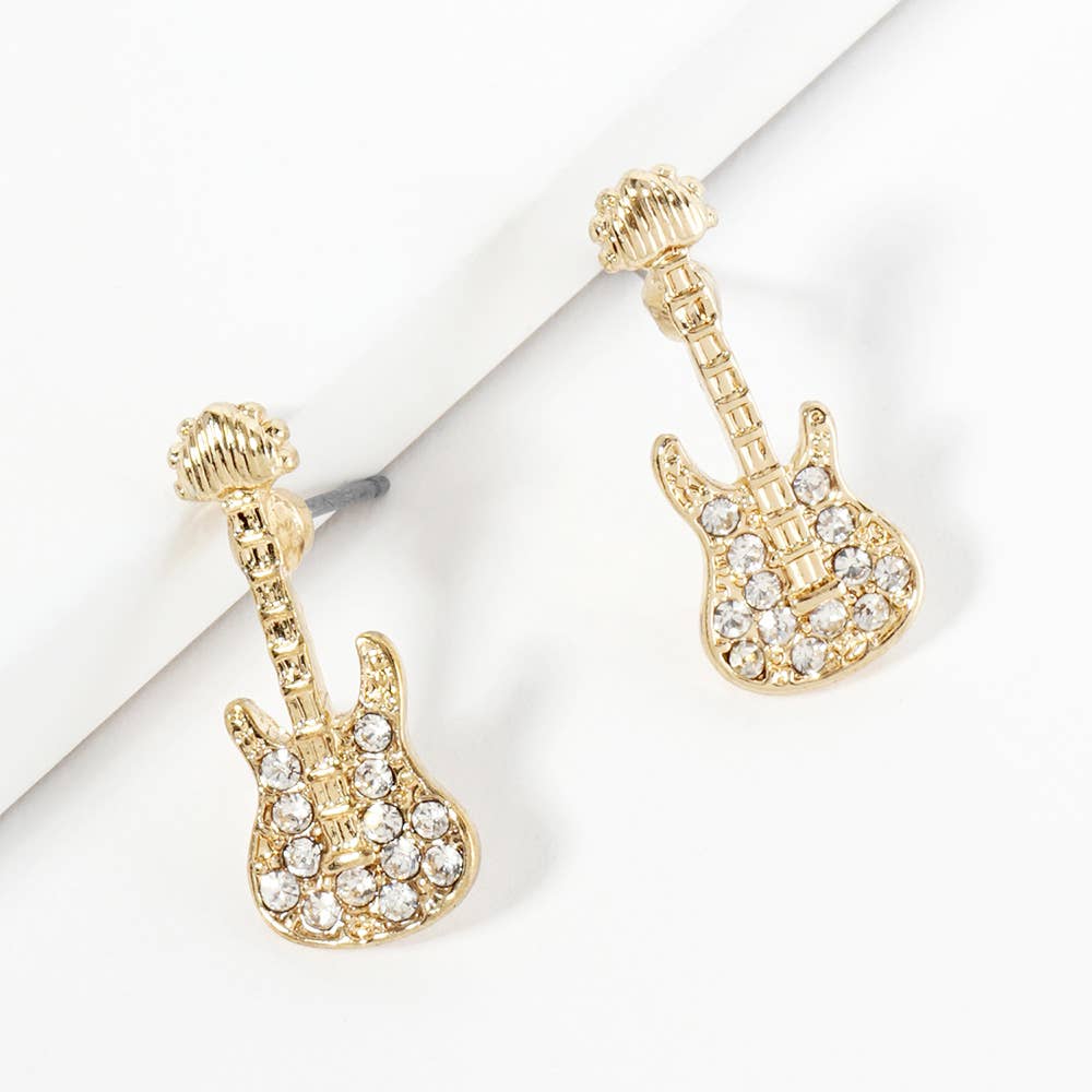 Gold Crystal Stone Paved Guitar Stud Earrings