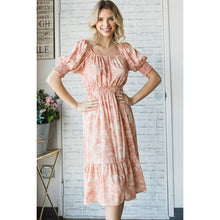 Peach Vintage Floral Square Neck Midi Dress