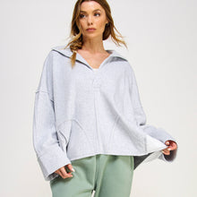 V-NECK POLO OVERSIZED PULLOVER SWEATSHIRT TOP-FZ0015-D2: HEATHER GREY / S