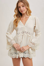Ecru Lace Trimmed Bell Sleeve V Neck Blouse