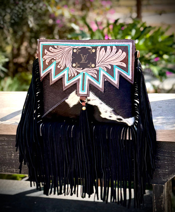 Upcycled LV Tooled Leather Cowhide Crossbody Bag Western 