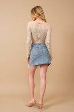 Medium Wash Stretch Denim Embellished Pearl Fringe Mini Skirt