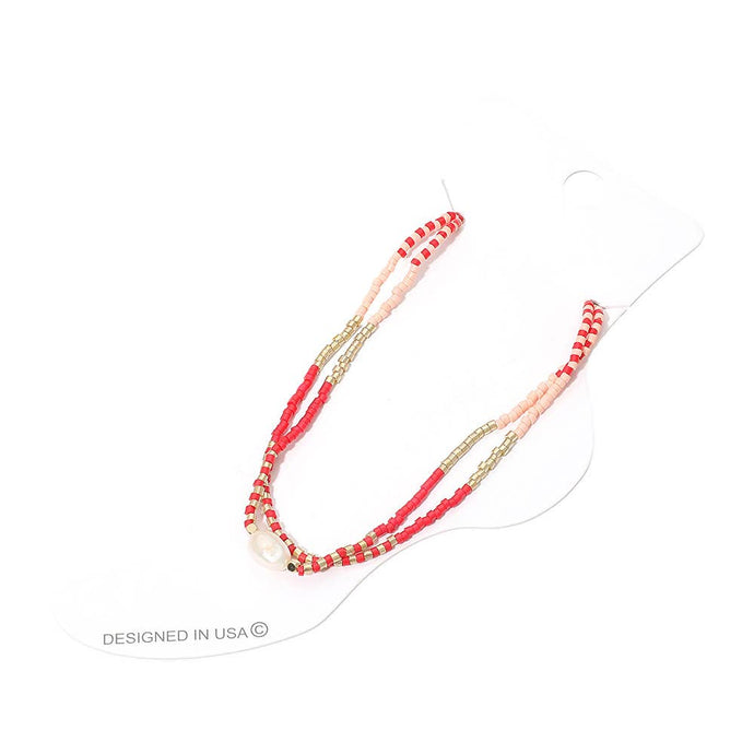 Coral Gold Pearl Accent Beaded Layered Chain Anklet