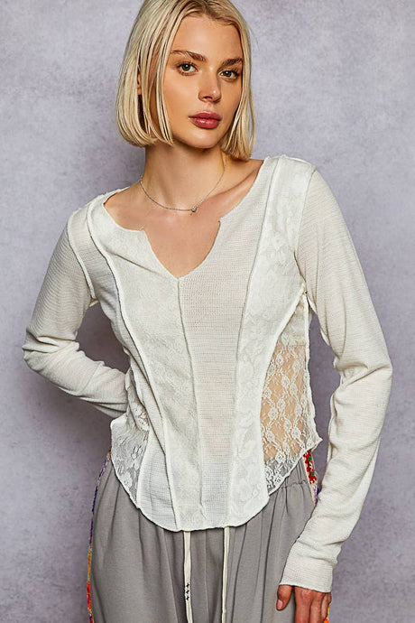 Ivory Round neck long sleeve outseam solid lace POL top