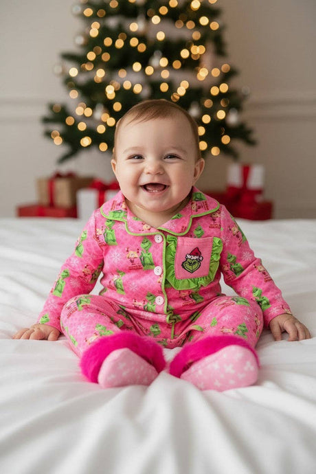 Pink Christmas character printed baby bodysuit