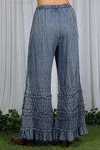 Washed Denim Flared Ruffle Hem Washed Chambray Crop Denim Pants