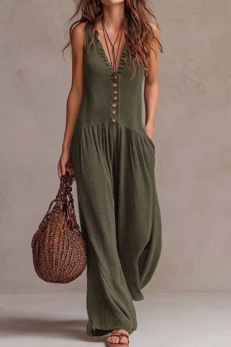 Green Sleeveless V-Neck Wide-Leg Jumpsuit