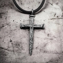 Large Rugged Nail Cross Pendant With Black Cord Necklace