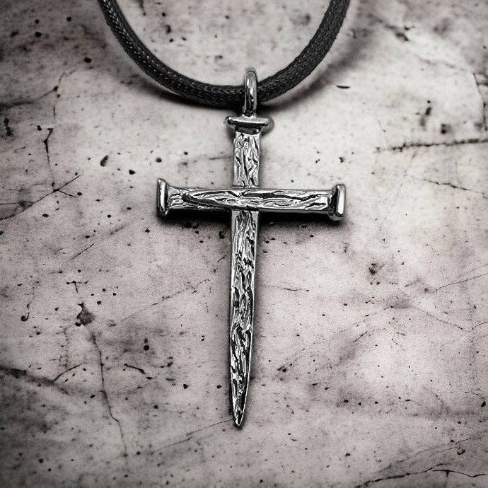 Large Rugged Nail Cross Pendant With Black Cord Necklace
