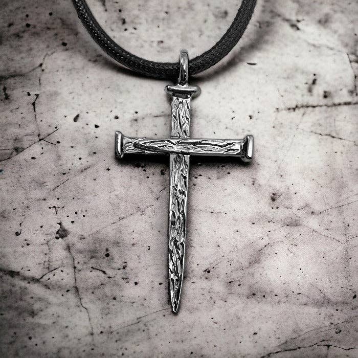 Large Rugged Nail Cross Pendant With Black Cord Necklace