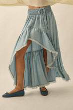 Light Chambray Tencel Denim High-Low Tiered Ruffle Maxi Skirt