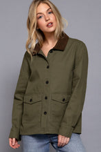 Olive Long Sleeve Corduroy Collar Detail Cotton Twill Work Jacket