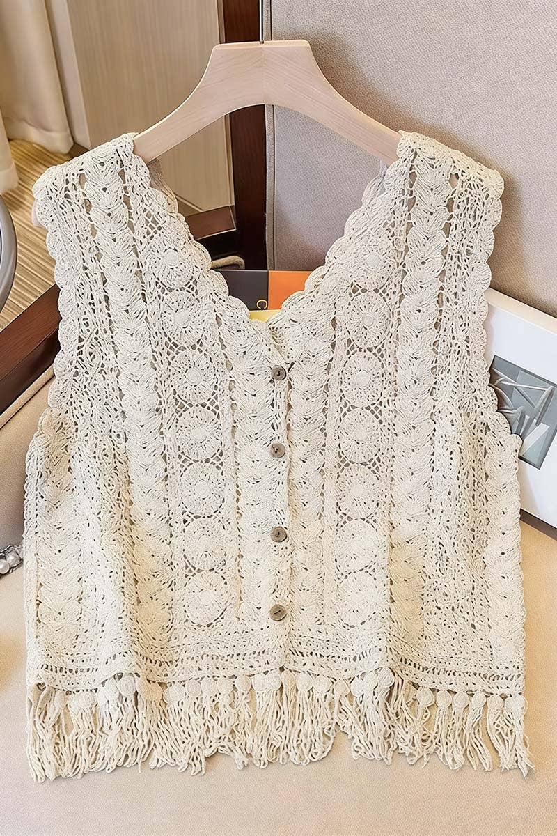 Beige Crochet Fringe Sweater Vest