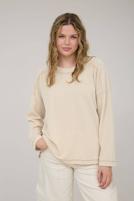 Oatmeal Crew Neck Ribbed Long Sleeve Knit Top