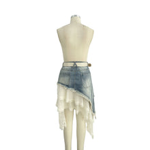 White Blue Asymmetrical Denim Lace Layered Skirt Set