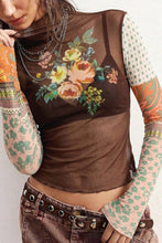 Brown Sheer Mesh Floral Patchwork Mock Neck Top