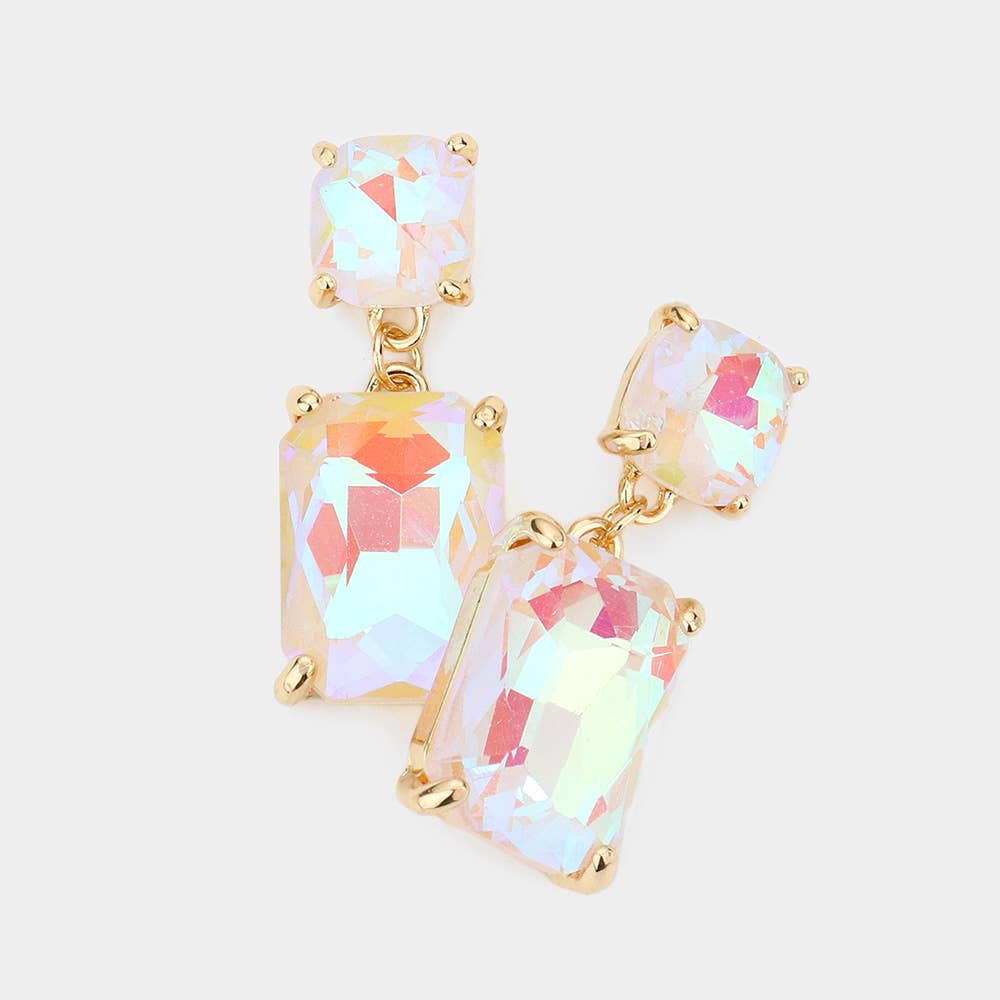 White Square Rectangle Glass Stone Link Dangle Evening Earrings