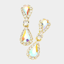 Saphire Silver Double Teardrop Accented Rhinestone Trimmed Dangle Evening Earrings