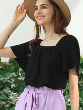 Black Square Ruffle Neck Short Sleeve Blouses