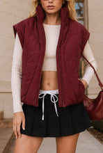 Burgundy Sculpted Panel Quilted Mock Neck Puffer Vest