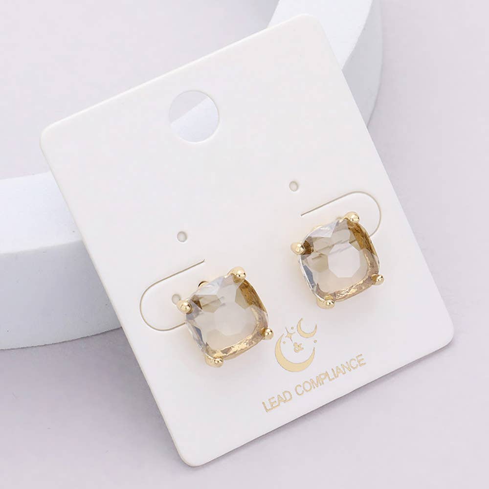 Gold Antique Cushion Square Stone Stud Evening Earrings