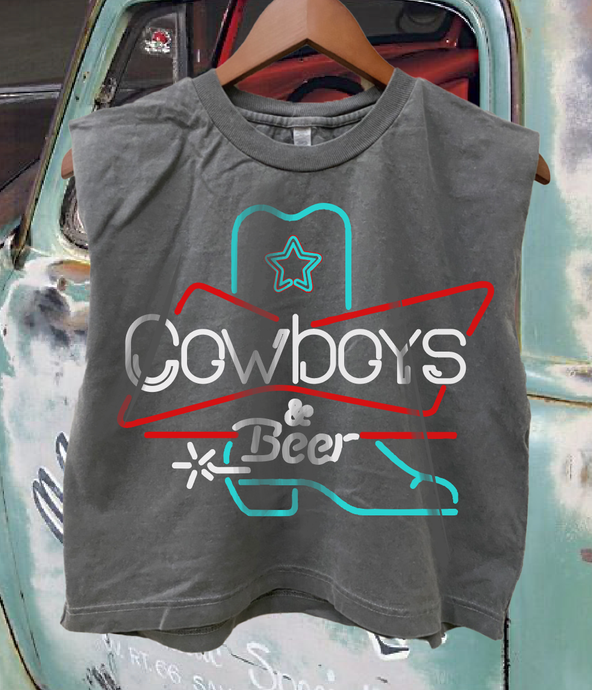 Faded Black Cowboys & Beer Neon Boot boxy Muscle crop top
