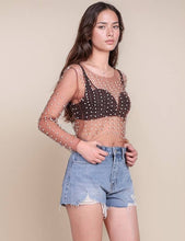 Coffee Pearl Rhinestone Studded See Through Mesh Crop Top