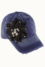 Rose Floral Bejeweled Bling Glitz Distressed Cap, Adjustable: