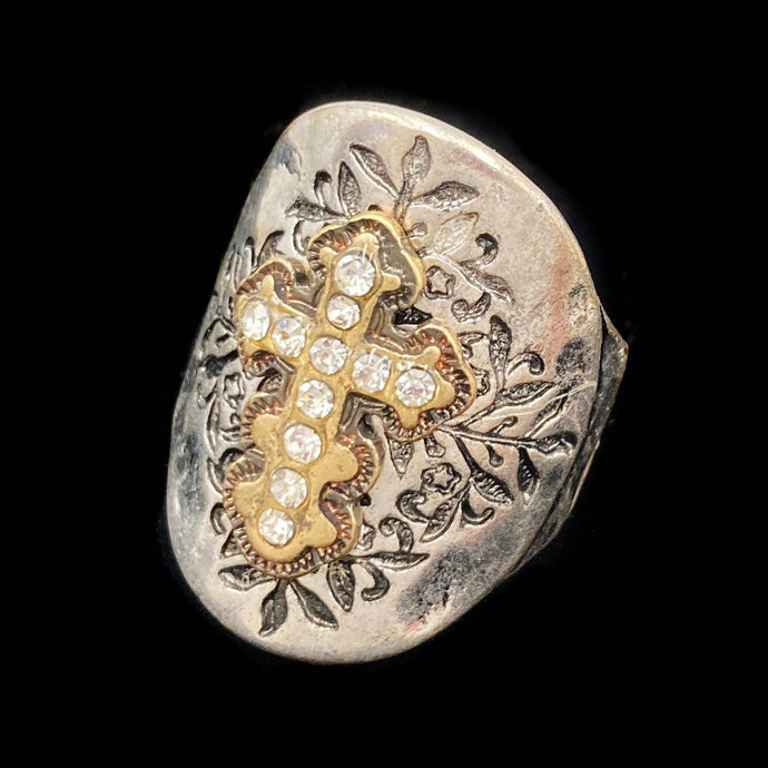 Silver Western Cross Filigree Rhinestone Stretch Ring: