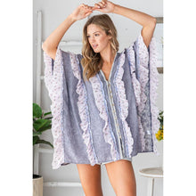 Blue Purple Washed V Neck Ruffle Mix Media Button Oli+Hali Top