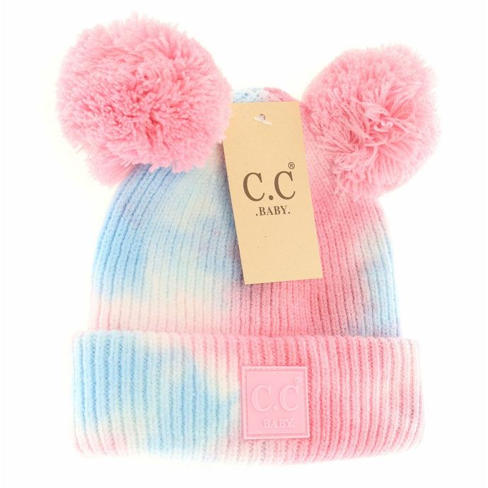 Baby Pink Blue Baby Tie Dye Double Fur Pom Beanie