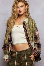 Black Olive Long sleeve plaid patchwork floral ruffle detail shirt POL top