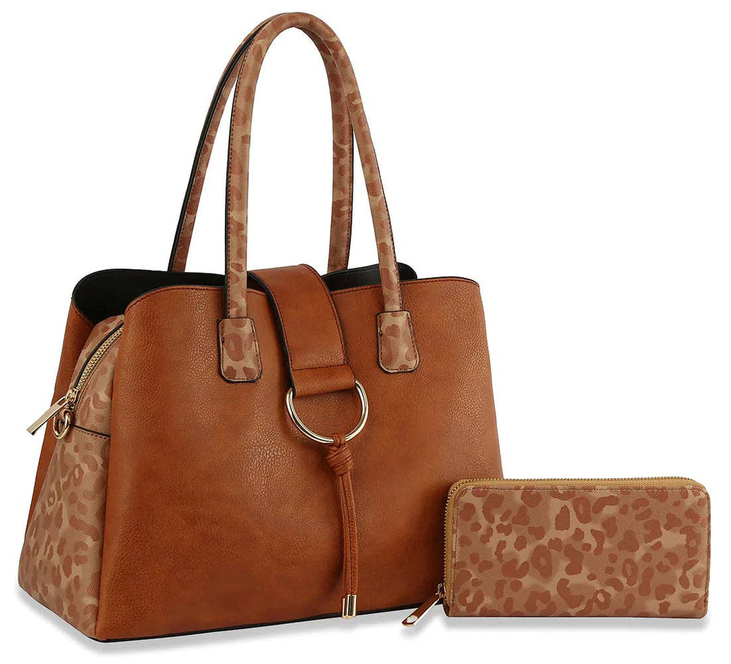 Brown Leopard Accented Tote Handbag Set
