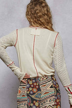 Cream Round neck solid cut and sew knit mix knit POL top