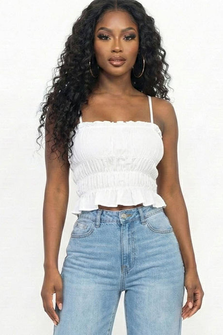 White Tiered Shirred Body Crop Top