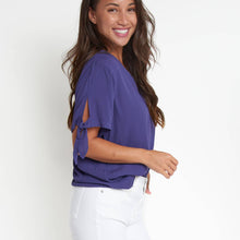 Future Dusk Nika Crepe Tied Short Sleeve V-Neck Blouse