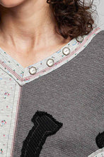 Black Star Patches Balloon Sleeve Deep V Neck Thermal Knit POL Top