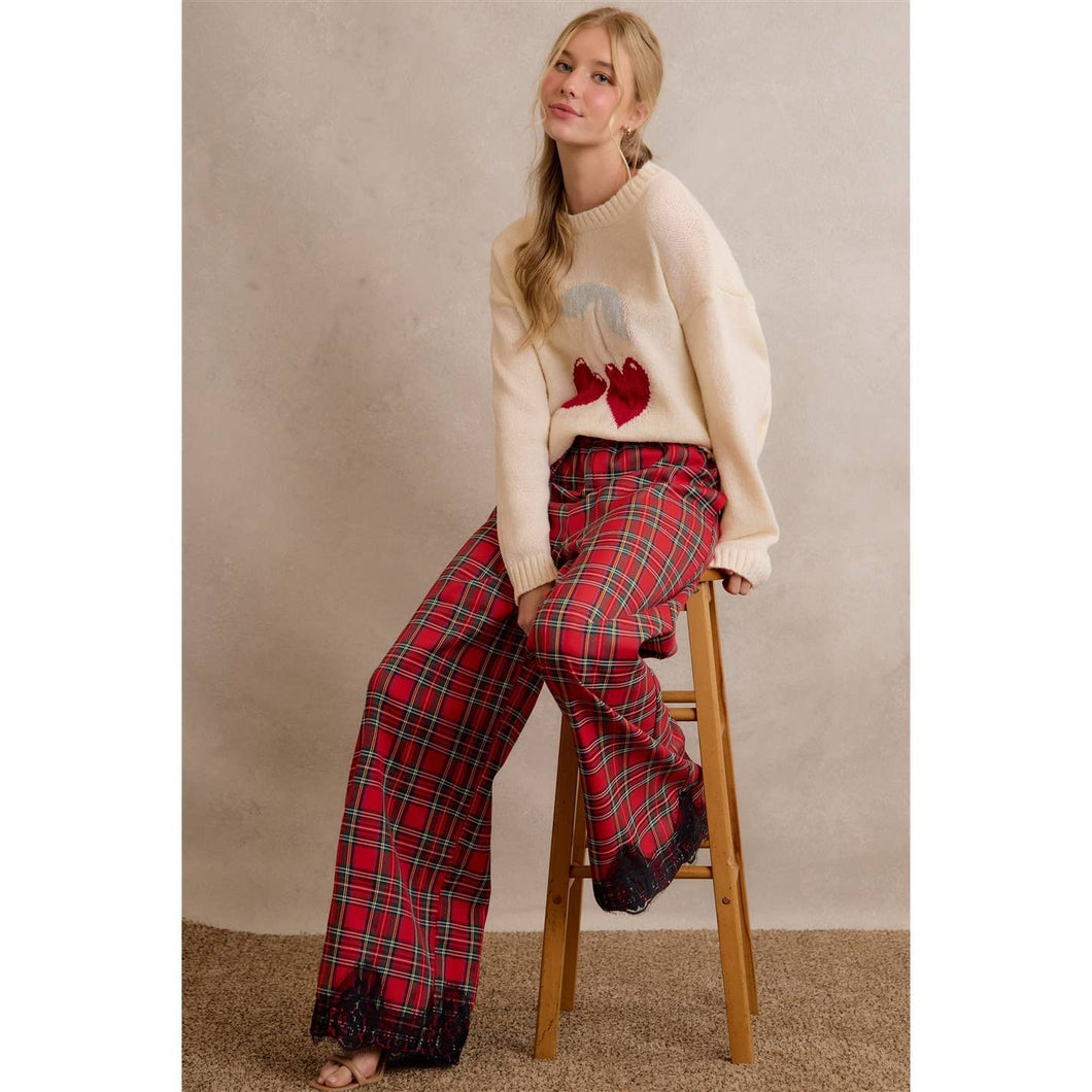 CHRISTMAS PLAID CHECK LACE TRIM WIDE LEG ELASTIC MID RISE PA: RED MULTI / L