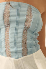 Light Chambray Tencel Denim and Gauze Strapless Ruffled Maxi Top