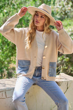 Beige Buttons Striped Denim Pockets Cardigan