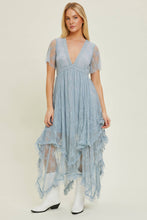 Dusty Blue Deep V Neck Embellished Lace Hem Dress